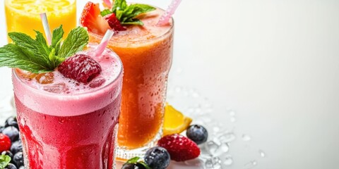Refreshing fruit smoothies in colorful glasses with fresh berries and mint leaves on a bright background