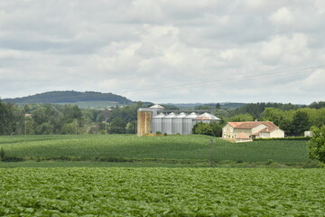 L'un des stockages par silos à grains entre champs et bois sous un ciel gris près du bourg de Champagne au Périgord Vert  © Photocolorsteph