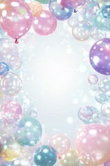 Pastel balloon and bubble celebration frame with soft shimmer and dreamy light