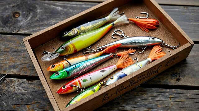 Colorful fishing lures arranged in a wooden box on rustic background  