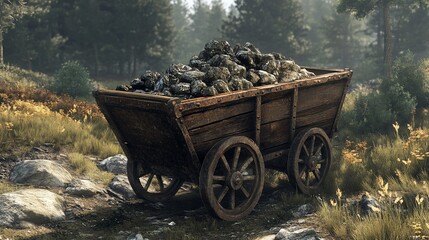 Rustic wooden cart filled with rocks in serene outdoor environment, nature