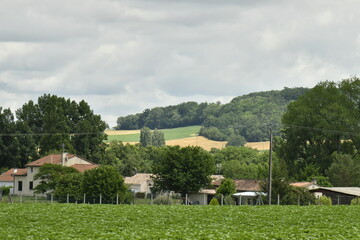 Ciel gris au dessus d'un paysage rural de collines boisées et des champs dans la vallée au bourg de Champagne au Périgord Vert  © Photocolorsteph