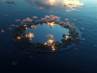 Floating city: A circular city with glowing lights amidst calm waters, reflecting city lights and soft clouds on the surface.
