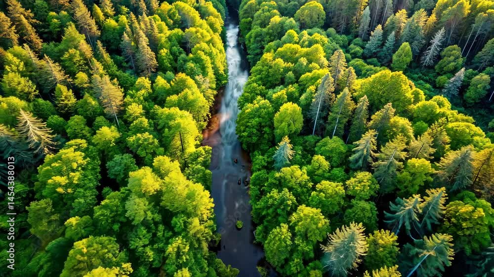 Poster serene river flows through a vibrant green forest in an overhead view