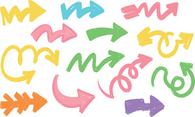 Brush arrow. Color hand drawn crayon thick arrows. Line vector icon. Pencil, marker, chalk, pastel or crayon texture scribble. Up and down bold shape. Thick circle rough bg. 