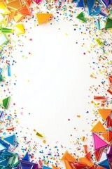 Obraz premium Colorful geometric confetti frame with vibrant 3D triangles on white background