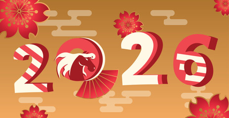 Chinese New Year 2026. Year of the Horse. Vector illustration, poster, postcard and banner. Illustration with numbers and symbol of the new year. Chinese calendar.EPS10