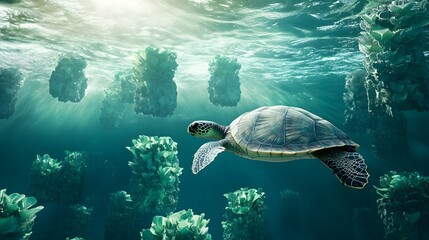 Obraz premium Sea turtle swimming amongst underwater structures
