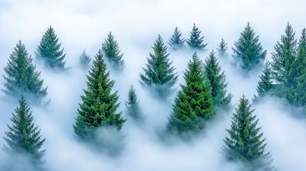 Obraz premium Pines amidst fog create serene landscape view