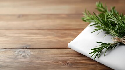 White Tableware Set with Rosemary Sprig on Wooden Table