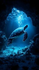 Obraz premium Sea turtle swims in an underwater cave