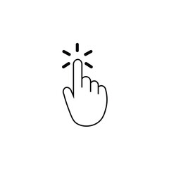 Minimalist black and white icon of a hand clicking or tapping with emphasis lines, symbolizing interaction, touchscreen action, or user interface navigation.
