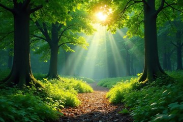 Sunlight dappled forest floor, lush green canopy, vegetation, spring