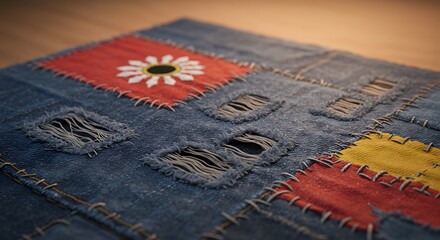 Denim patchwork with flower: A creative close-up showcases a meticulously crafted denim patchwork, featuring patches of vibrant colors and a painted daisy, evoking a sense of artistry and upcycling. 