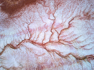 Drone image of beautiful patterns from the natural dried water ways in Mangystau, Kazakhstan