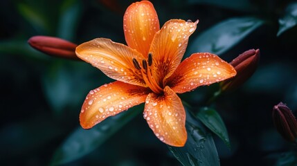 Striking Orange Lily Bloom Captured in Delicate Detail with Water Droplets