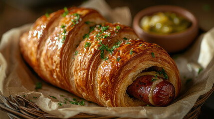 Golden flaky pastry wrapped hotdog served with mustard and pickles, perfect for snack