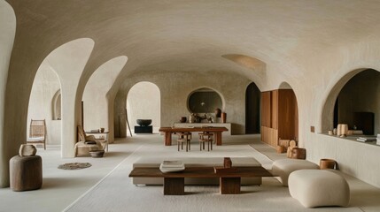 Spacious, minimalist interior design with arches and natural tones.