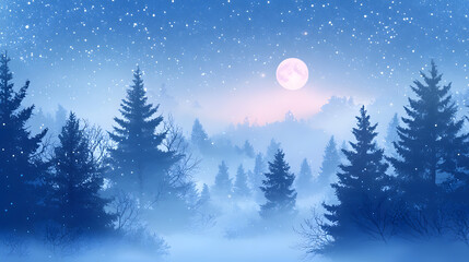 Naklejka premium Enchanting Winter Wonderland: A serene and dreamy winter landscape unfolds beneath a starry night sky, with silhouetted pine trees and a soft, glowing moon.