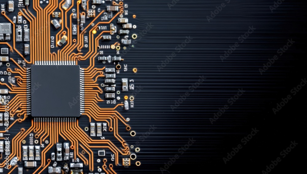Poster close-up view of a microchip and circuit board with intricate gold and black lines on a dark backgro