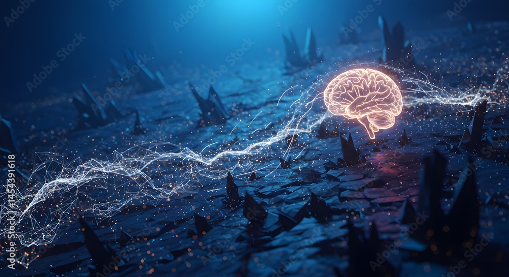 Poster glowing brain with neural network on dark, jagged landscape: a powerful visual metaphor for intellig
