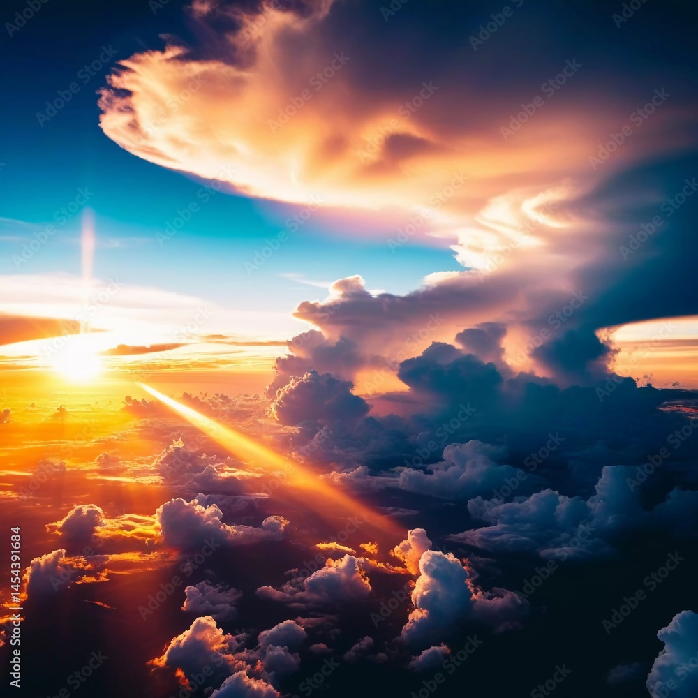 Poster Golden rays spill through billowing clouds during a breathtaking sunset, creating a magical atmosphere that captivates the eye and warms the soul as day transitions to night Generative AI