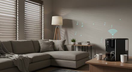 Smart Home Coffee Maker with WiFi Connectivity in a Modern Living Room Interior: Enjoy Wireless Streaming Music while Brewing Your Morning Coffee in Style