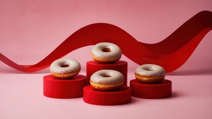 Glazed donuts on red pedestals with pink wave backdrop in studio light