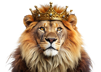 Fototapeta premium a majestic lion wearing a royal crown isolated on white background PNG , AI GENERATED