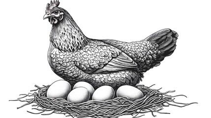 Detailed illustration of a hen and eggs in a nest.