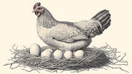 Detailed illustration of a hen with eggs in a nest.