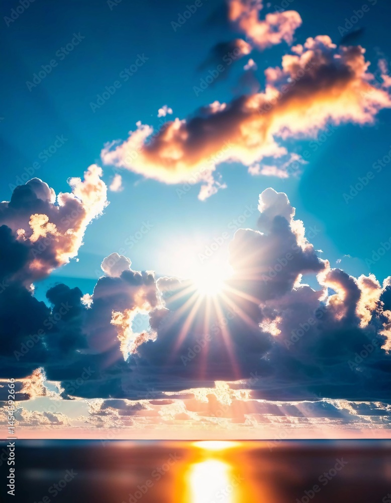Poster Golden rays illuminate the sky, piercing through soft clouds at sunset, casting a warm glow over the calm waters, blending hues of orange and blue in a serene evening display Generative AI