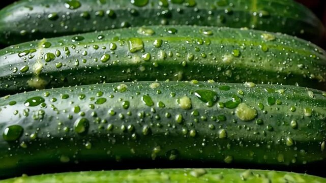 Fresh Cucumbers with Water Droplets on a Dark Background  