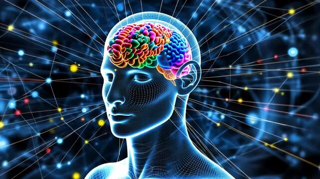Mindscape: A vibrant depiction of human thought. A person's brain glows with interconnected neural networks, representing the boundless potential of human intelligence and cognitive exploration.
