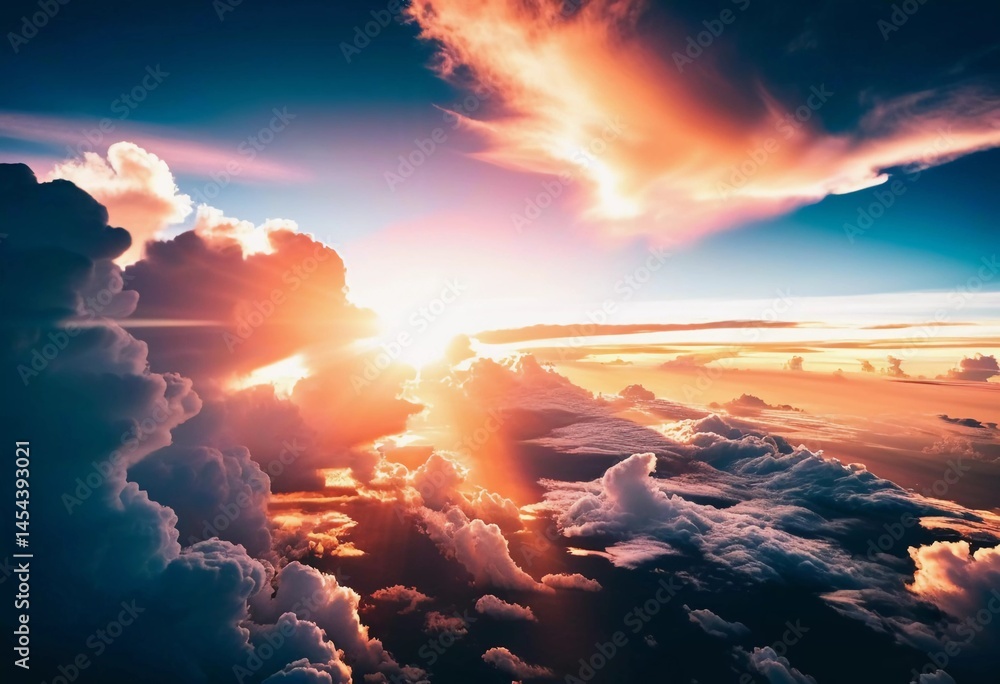 Poster Golden rays break through the clouds during sunrise, casting a warm glow across the sky. The tranquil atmosphere invites reflection and inspires awe as nature awakens Generative AI