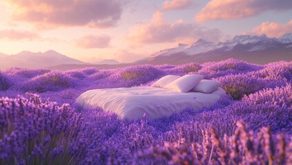 Fototapeta premium Lavender Dreamscape: A Bed in a Purple Paradise at Sunrise