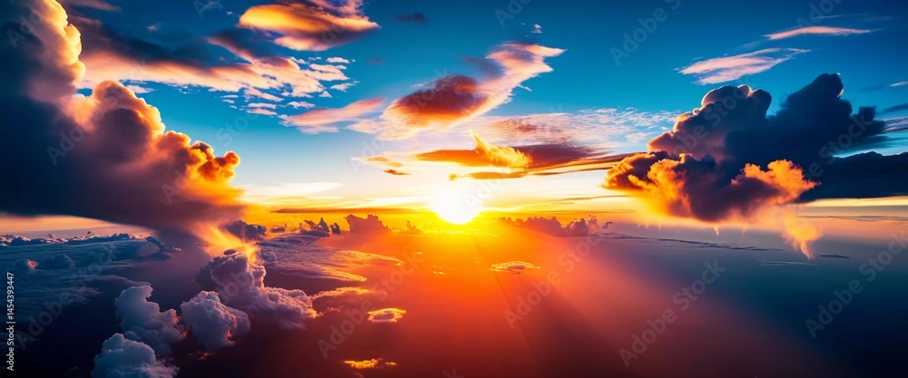 Poster witness the spectacular spectacle of sunset where golden rays illuminate fluffy clouds, transforming