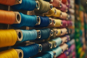 Colorful Threads Spools Displayed on Wooden Rack Perfect for Sewing and Crafting Projects