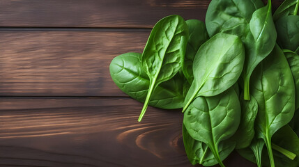 Fototapeta premium A pile of fresh spinach leaves on a wooden table