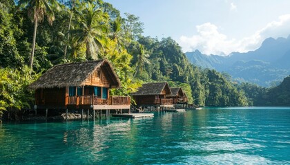 Obraz premium Tropical huts on a tranquil bay