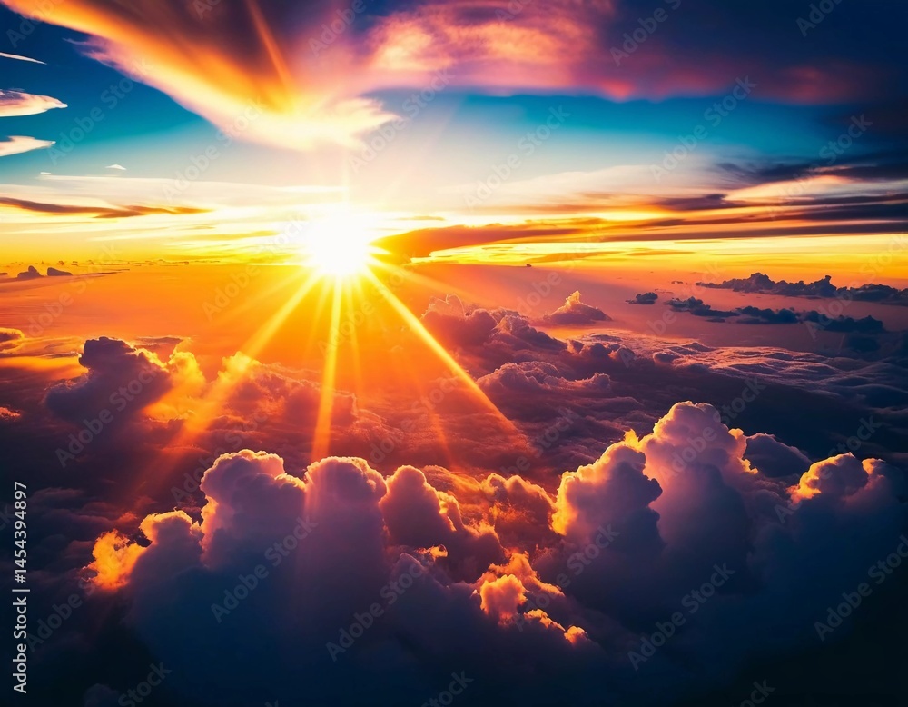 Aufkleber vibrant rays of sunlight burst forth as the sun rises, illuminating fluffy clouds in shades of orang