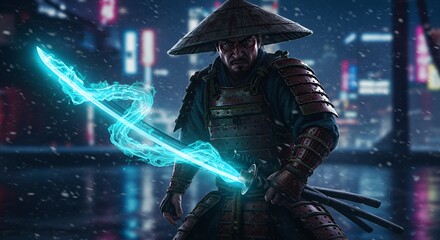 Cyberpunk Samurai: A futuristic warrior with glowing katana in a neon city
