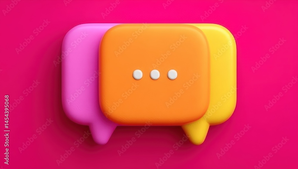 Poster three colorful 3d chat bubbles overlap on a bright pink background, symbolizing digital communicatio