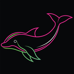 Fototapeta premium Neon Dolphin in the Deep: A vibrant, neon-style dolphin illustration emerges from a black void, its sleek form outlined in striking pink and green hues, evoking the wonder and mystery of the deep sea.