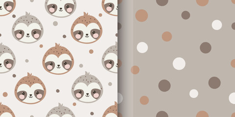 Set of Cute sloth and dots seamless pattern. Childish Cartoon Animals Background. Design for wallpaper, wrapping, nursery, fabric, textile etc. vector illustration © LindaAyu