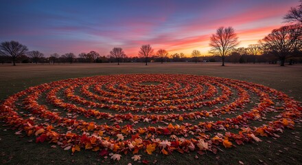 Fototapeta premium Autumn Leaves Spiral in a Park at Sunset