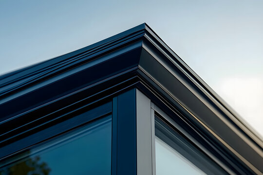 Detailed close up of a roof made from glass reinforced polyester featuring dark colored soffits fascias and gutters