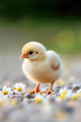 Cute chick on pebbles with flowers
