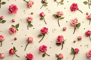 Fototapeta premium Small scale repeating rosebuds, muted tones on cream, plants, light, floral repeat