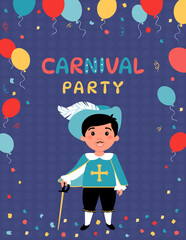 Carnival party poster with a boy dressed as a musketeer with a sword.